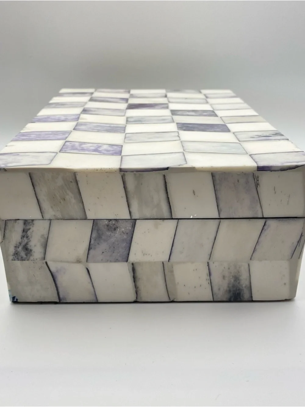 IMAX Corp Bone Inlay Decorative Box Purple Ivory Checkered Mosaic Keepsake Boho